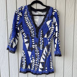 Vintage Alberto Makali Smocked Abstract Print Beaded Blouse Sz S, Evil Eye